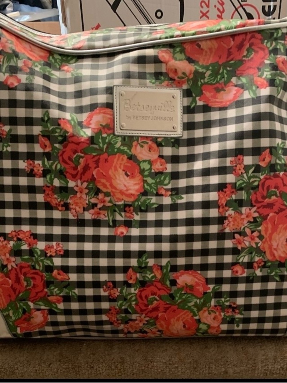 Vintage Betsey Johnson Floral Gingham Tote Bag in Black, White & Coral